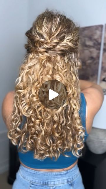 Candace Stuller on Instagram: "Twisted Half Up Hairstyle ⁣ ⁣ Yes or no?! Recreating an old style. Perfect for a formal event. Save to try later!⁣ ⁣ *Twist and pull at each section to make it appear larger. Stack underneath and pin as needed! ⁣ ⁣ #formalhairstyle #curlyupdo #halfuphalfdown #hairtutorial" Hair Updo Half Up Half Down, Wedding Hairstyle For Natural Curly Hair Half Up Half Down, Half Up Curly Hairstyles Tutorials, Half Up Hair For Curly Hair, Hair Up For Curly Hair, Naturally Curly Half Up, Cute Hairstyles For Natural Curly Hair, Half Up Hair Easy, Curly Event Hairstyles