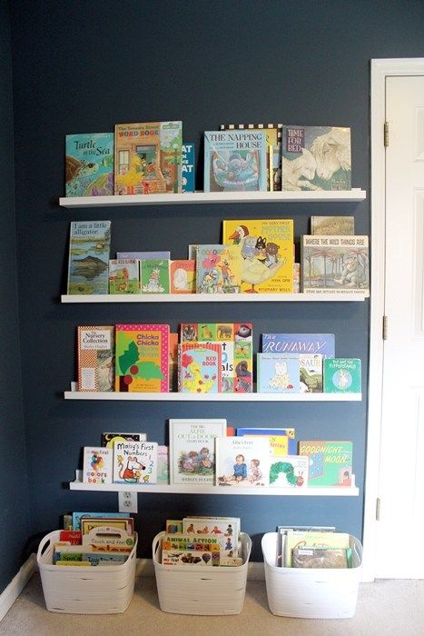 Ikea Ribba Book Ledges for Abe's New Nursery Ikea Book Wall Shelf, Book Ledges Nursery, Ikea Book Ledge, Nursery Book Ledge Wall, Nursery Book Ledge, Book Ledge Nursery, Mosslanda Bookshelf, Ikea Mosslanda Bookshelves, Toddler Room Book Storage