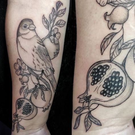 Rose Finch, Pomegranate Tattoo, Line Work Tattoo, Print Ideas, Nature Tattoos, Feminine Tattoos, Birds Tattoo, Blackwork Tattoo, Do More