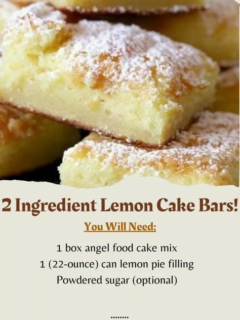 2 Ingredient Lemon Cake Bars – Page 2 – 99easyrecipes Lemon Dump Cake, Lemon Cake Bars, Angel Food Cake Mix, Lemon Cake Mix Recipe, Lemon Desserts Easy, 3 Ingredient Desserts, Lemon Bars Easy, Lemon Pie Filling, Cake Mix Desserts