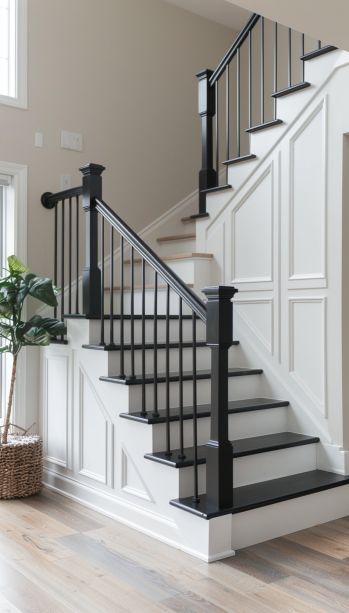 A Step Above: 16 Creative Stair Railing Ideas to Inspire Your Next Renovation Dark Gray Stair Railing, Stair Refinishing Ideas, Modern Banisters And Railings Wood, Update Spindles On Stairs, Modern Painted Stairs, Painted Railings For Stairs, Stairs With Black Railing, Black Rod Iron Staircase Railings, New Staircase Ideas