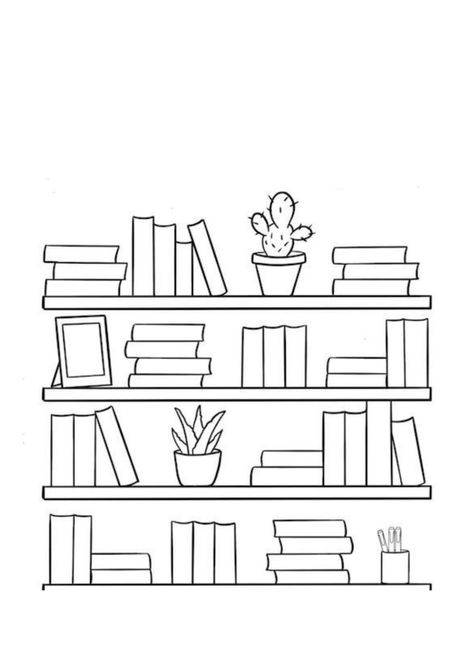 Reading Doodles Drawings, Shelf With Books Drawing, Cute Bookshelf Drawing, Aesthetic Bookshelf Drawing, Book Sketches Doodles, Bookshelf Outline, Book Shelves Drawing, Cartoon Book Drawing, Bookshelves Drawing