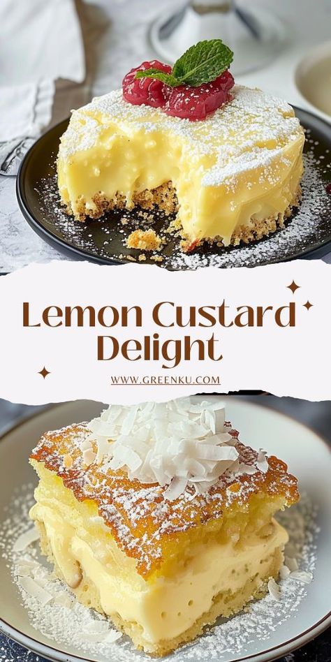 Lemon Custard Delight with Coconut and Jam Lemon custard ingredients: 1 egg 50 g sugar 40 g corn starch Juice of 1 lemon Lemon peel 300ml milk Dough ingredients: 2 eggs 100 g sugar Vanilla sugar 120ml seed oil 120ml milk 220 g flour 15 g baking powder #LemonCustard #Delight Lemon Custard Cake, Australian Pavlova Recipe, Best Lemon Cake, Berry Cheesecake Recipes, Custard Desserts, Lemon Custard, Dessert Recipies, Lemon Dessert Recipes, Custard Powder