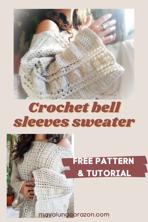 Crochet Cozy Sweater Pattern Free, Bell Sleeve Sweater Knitting Pattern, Crochet Bell Sleeve Sweater Pattern Free, Bubble Sleeve Crochet Sweater Pattern, Drop Shoulder Crochet Sweater, Bell Sleeve Crochet Pattern Free, Over Sized Crochet Sweater, Crochet Cuffs Sleeve Patterns, How To Crochet Bell Sleeves