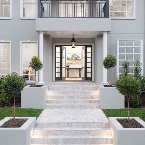 Don't miss a step at night with lighting leading the way to your front door. 
Custom-built french doors add to the country charm. 
The unique flooring combines the timber floors internally, and the outdoor tiles. This front entrance gives you a taste of what's to come in this $2.8M Prize Home Front Door Tiles Entrance Outside, Front Entrance Steps, Front Entry Stairs, Entrance Steps, Outside Steps, Timber Floors, Entry Stairs, Building Front, Front Door Entrance