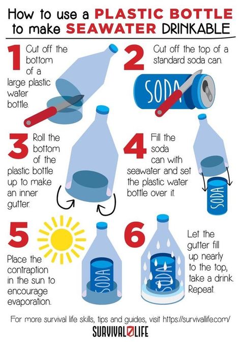 Many people around the world have limited access to clean drinking water. This can be attributed to several factors including poor infrastructure and lack of safe drinking water sources. In such conditions, it’s important to find ways of making sea water drinkable. However, it should be noted that this method only works for small quantities […] The post 6 Simple Steps On How To Make Sea Water Drinkable Using Plastic Bottle first appeared on Daily Infographic. Survival Skills Emergency Preparedness, Emergency Prepardness, Emergency Survival Kit, Potable Water, Survival Skills Life Hacks, Emergency Preparedness Kit, Astuces Diy, Emergency Preparation, Survival Life Hacks