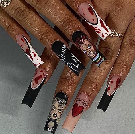 Lily Nails, Horror Nails, Disney Acrylic Nails, Holloween Nails, Super Cute Nails, Girly Acrylic Nails, Nails Design With Rhinestones, French Tip Acrylic Nails, Really Cute Nails