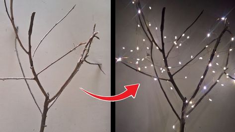 Dry Tree With Lights, Twig Lamp, Diy Tree Branch Decor With Lights, Lighted Branches Decor, Lit Twig Tree, Lite Tree Branches, Tree Branch Fairy Lights, Fairy Light Wrapped Tree, Outside Canopy