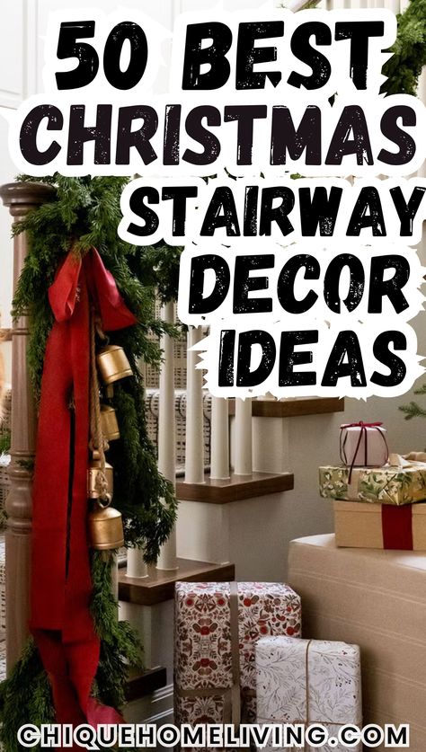 Looking to transform your home into a winter wonderland? These 50+ stunning Christmas staircase decor ideas will add a magical touch to your holiday setup! From elegant garlands draped along the banister to twinkling string lights and festive wreaths, these ideas are perfect for creating a warm and inviting holiday atmosphere. Whether you love a traditional red and green theme, a cozy rustic look, or a modern, minimalist vibe, there’s something here for every style. Decorating Steps For Christmas, Loft Railing Christmas Decor, Christmas Landing Decor, Ribbon On Banister Christmas, Christmas Staircase No Garland, Garland On Bannister Christmas, Wreath On Staircase, Simple Christmas Banister Ideas, Easy Christmas Banister Decorations