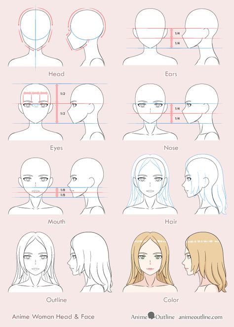 Anime woman drawing 8 steps Woman Face Drawing Tutorial, Anime Facial Proportions, Anime Head Proportions, Anime Face Proportions, Hairstyles Drawing Reference Female, Female Head Reference Drawing, Draw Hairstyles, Face Drawing Tutorial, Hairstyles Anime