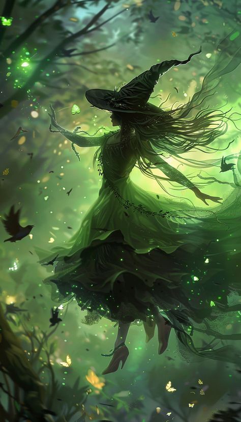 Green Tarot Aesthetic, Green Witch Photoshoot, Halloween Green Aesthetic, Green Witch Wallpaper, Green Witch Aesthetic Outfit, Green Witch Aesthetic Home, Forest Witch Art, Green Witch Art, Purple And Green Aesthetic