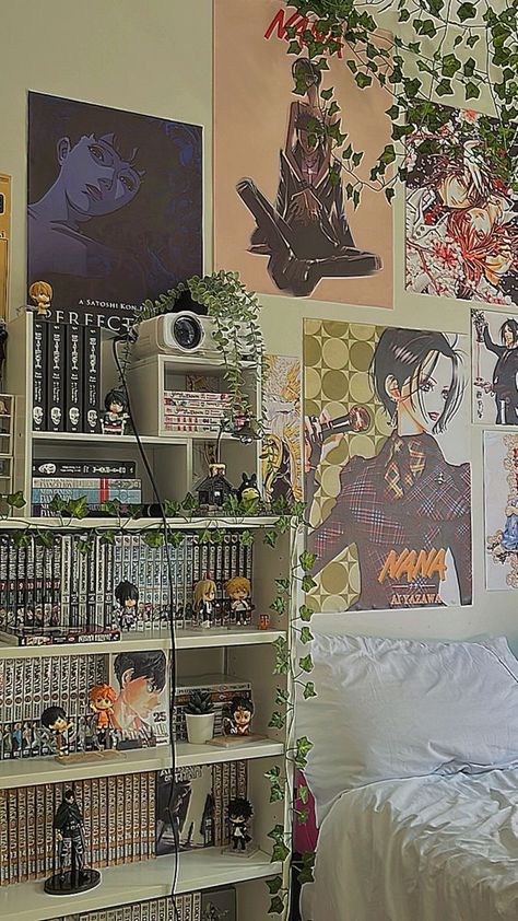 Shelf And Poster Wall, Anime Room Makeover Ideas, Manga Posters Room Decor, Room Decor Anime Aesthetic, Manga Wall Bedroom Aesthetic, Aesthetic Room Anime Decor, Anime Wall Inspiration, Ikea Bedroom Shelves, Nana Poster Aesthetic