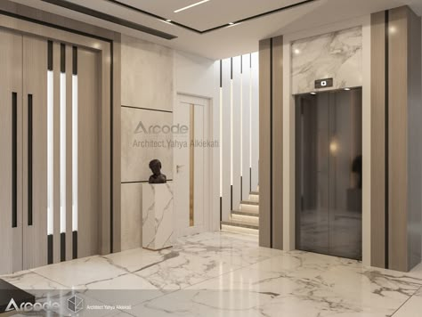 Home Lobby Design, Villa Entrance Interior Design, Villa Entrance Interior, Entrance Lobby Design Residential, Lobby Design Residential, Lobby Design Ideas, Entrance Lobby Design, Lift Wall, Lift Lobby Design