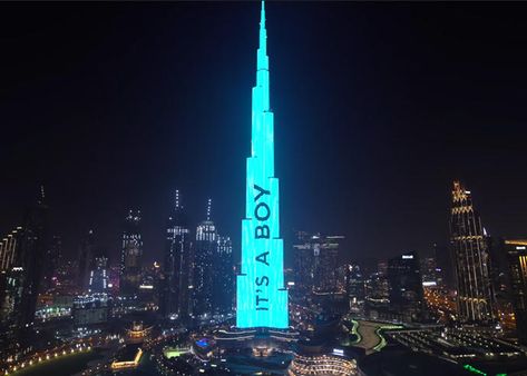 Gender Reveal With Lights, Luxury Gender Reveal Party, Home Gender Reveal, The Burj Khalifa, Hydroelectric Power, Party Trends, Gender Party, Dream Family, Dubai United Arab Emirates