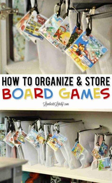 This post shows ideas for board game storage & organization, including using storage bags to file games on a cabinet shelf and the best solutions to save space without a game box. Storage Ideas For Games, Organizing Games In Bags, Board Game Bag Storage, Game Storage Bags, Board Game Storage Bags, Peg Board Toy Storage, Organizing Board Games Ideas, How To Organize Games, Game Cabinet Organization