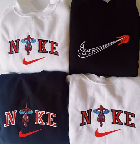 Spider Man Sweater Aesthetic, Disney Custom Hoodies, Marvel Embroidery Sweatshirts, Marvel Embroidery Hoodie, Nike Spiderman Sweatshirt, Marvel Shirt Ideas, Cute Nike Sweatshirts, White Nike Shoes Outfit, Avengers Embroidery