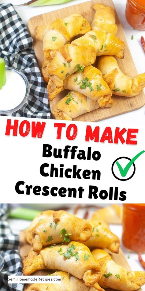 Easy Buffalo Chicken Crescent Rolls are perfect for lunch, dinner or even for a party appetizer! Just 5 ingredients and about 25 minutes is all you'll need to whip up this meal! Buffalo Chicken Crescent Roll Recipes, Buffalo Chicken Crescent Ring, Buffalo Chicken Crescent Rolls, Buffalo Chicken Crescent, Crescent Roll Dough Recipes, Chicken Croissant, Roll Dough Recipe, Buffalo Chicken Rolls, Chicken Crescent Rolls