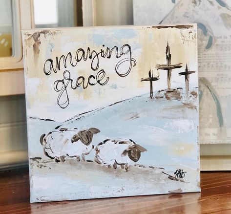 Lamb Paintings On Canvas, Amazing Grace Painting, 2024 Easter Trends, Bible Painting Ideas On Canvas, Easter Canvas Painting Ideas Easy, Easter Art Painting, Easter Art Ideas, Easter Paintings On Canvas, Spring Painting Ideas On Canvas