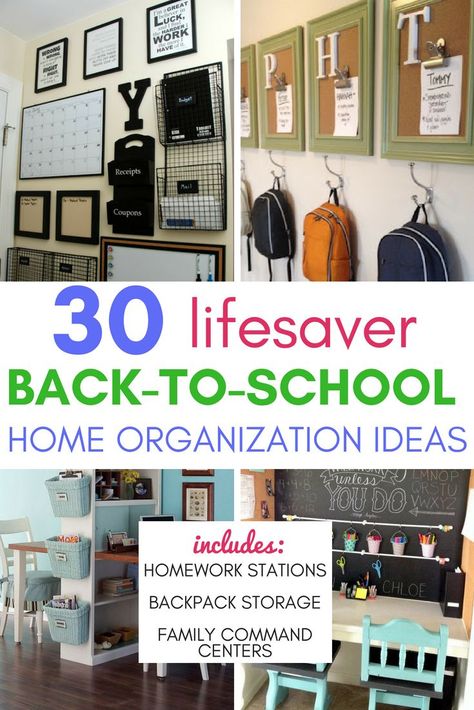 Are you trying to avoid the usual chaos with your kids and school this year? Organization is the key to their success and your sanity! Check out these brilliant ideas for back to school home organization. You'll find inspiration and supply lists for homework stations, backpack storage and family command centers! Click to find out how to reclaim your sanity this year! #backtoschool #homehacks #organization #ideas #tips #homeorganization #homeworkstation #backpacks #commandcenter School Organization At Home, Kids School Organization, School Work Organization, School Organization Ideas, Family Command Centers, Homework Organization, Home Command Center, Command Centers, Family Organization