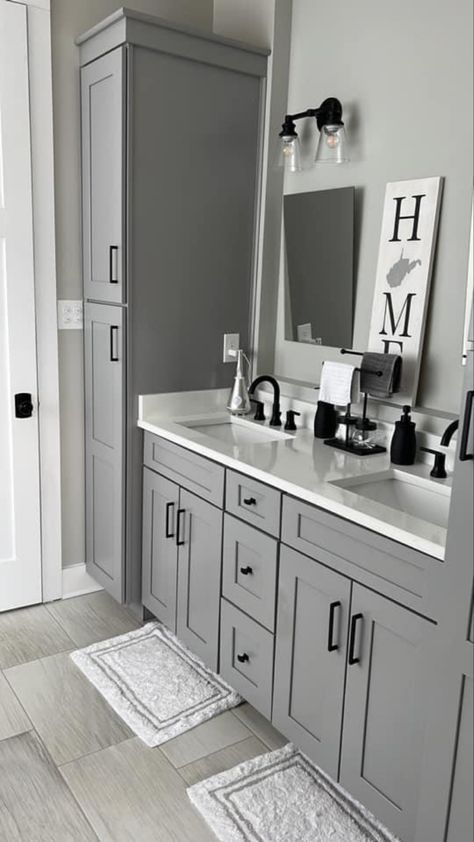 Two Tone Grey Bathroom, Grey And Matte Black Bathroom, Bathroom Remodel With Gray Vanity, Gray Bathroom Cabinets Black Hardware, Gray Painted Bathroom Cabinets, Gray Bathroom With Black Fixtures, Modern Farmhouse Interior Bathroom, Bathroom Remodel Gray Vanity, Bathroom Ideas Grey Cabinets