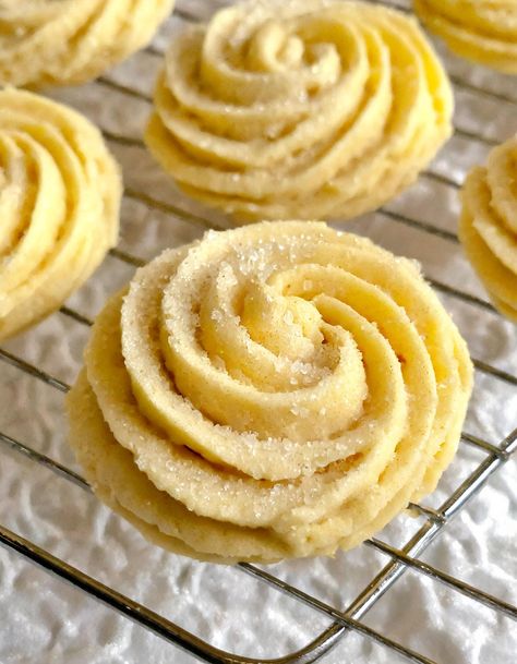 Easy Piped Butter Cookies Piping Cookies Dough, Butter Horn Cookies, Pipped Butter Cookies, Rich Butter Cookies, Butter Piped Cookies, Piped Butter Cookies Recipe, Piped Shortbread Cookies, Whipped Butter Cookies, Piped Cookies Recipe