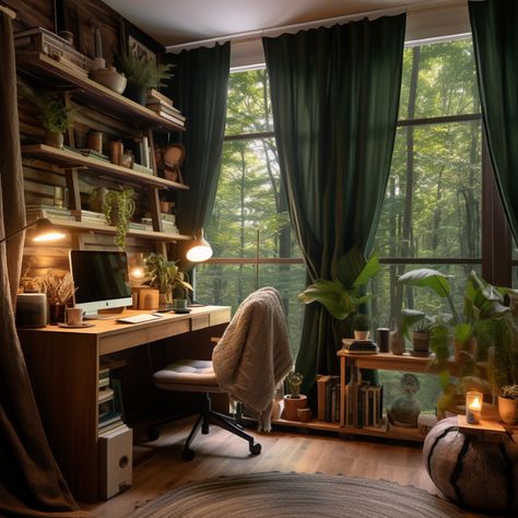 17 Nature-Inspired Home Office Designs to Awaken Your Soul Enchanted Forest Office, Authors Office, Earthy Home Office, Green Office Walls, Small Office Design Ideas, Fairycore Office, Nature Office, Green Home Offices, Home Office Designs