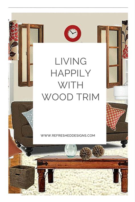 Living Room Dark Trim Light Walls, Boho Living Room Oak Trim, Paint Colors To Match Wood Trim, Rooms With Dark Wood Trim, Paint With Wood Trim Living Room, Light Walls Wood Trim, Natural Woodwork With Painted Walls, Gumwood Trim Living Room, Bedrooms With Wood Trim