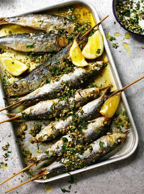 Barbecue Fish, Maple Roasted Carrots, Grilled Sardines, Seafood Dish Recipes, Green Herbs, Sardine Recipes, Rick Stein, Vegetable Platter, Herb Recipes