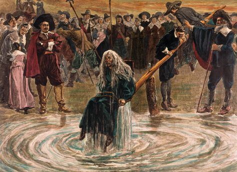 An accused witch going through the judgement trial, where she is dunked in water to prove her guilt of practicing witchcraft. (Credit: Bettmann/Getty Images) Anne Of Denmark, Witch History, Real Witches, Charles Stanley, Salem Witch Trials, Witch Trials, Salem Witch, Black Witch, Witch Aesthetic