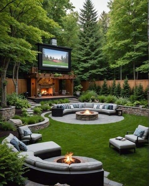 Deck For Backyard, Large Back Garden Design, Backyard Fire Pit And Pool, Secret Outdoor Spaces, Deck Over Pool Ideas, Deck And Backyard Ideas, Outdoor Patio Landscaping Ideas, Odd Shaped Deck Ideas, Large Backyard Landscaping Layout