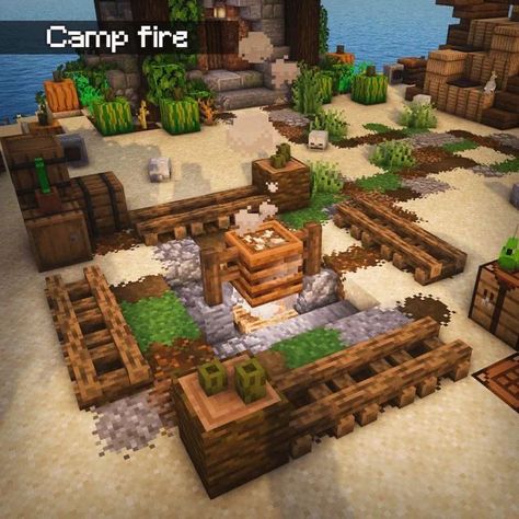 Minecraft Archeology Dig Site, Minecraft Campfire Ideas, Fire Pit Minecraft, Minecraft Fire Pit, Minecraft Camp Fire Ideas, Minecraft Camping Site, Minecraft Campsite Ideas, Minecraft Quarry, Minecraft Beacon Design