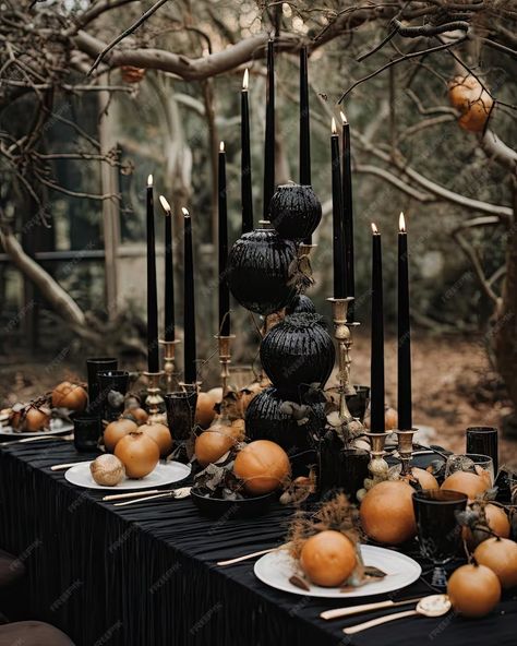 A table setting with candles pumpkins and other halloween decorations on it for an outdoor dinner party in the woods | Premium AI-generated image Edgar Allen Poe Dinner Party, Black And Orange Table Setting, White Thanksgiving Tablescapes, Table Setting With Candles, Halloween Table Scape, Party In The Woods, Outdoor Dinner Party, Disney Wreath, Porch Parties