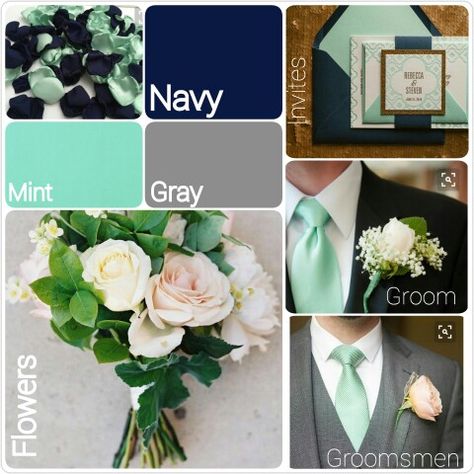 Mint green, navy blue and gray wedding theme. Inspiration for a modern romantic wedding. This was inspired by the Seattle Seahawks colors but taking them to a softer side. Gray Wedding Theme, Foodtrucks Ideas, Grey Wedding Theme, Wedding Mint, Modern Romantic Wedding, Suits Groom, Romantic Theme Wedding, Wedding Mint Green, Romantic Wedding Receptions