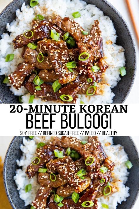 Easy Korean Beef Bulgogi is sweet, savory sticky beef with an amazing crisp on the outside and a perfectly tender inside. This magically flavorful dish is so easy to throw together at a moment’s notice to change up weeknight meals. #korean #healthy #paleo #beef #dinner Sticky Beef, Fusion Cooking, Beef Bulgogi Recipe, Korean Beef Bulgogi, Korean Beef Recipes, Korean Bbq Beef, Korean Beef Bowl, Bulgogi Recipe, Korean Side Dishes