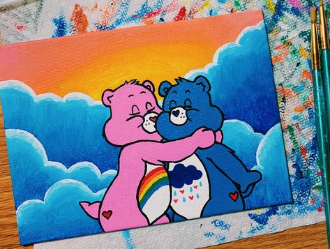 #carebears #painting #vibes #90s #childhood Easy Painting Ideas On Canvas For Couple, Carebears Painting Ideas, Carebear Paintings, 90s Drawings Ideas, Carebear Painting Canvas, Acrylic Painting Ideas Cartoon, 2000s Painting Ideas, 90s Cartoon Paintings, Care Bears Painting