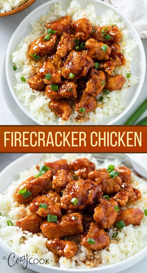 This Firecracker Chicken recipe has extra crispy fried chicken breast or thighs tossed in a flavorful firecracker sauce. It's baked to perfection and makes a delicious restaurant dinner that you can make right at home! Chicken Recipes Served Over Rice, Amazing Family Dinners, Chicken Breast And Rice Recipes, Chicken Thigh Dinner Recipes, Asian Chicken Breast Recipes, Extra Crispy Fried Chicken, Crispy Fried Chicken Breast, Firecracker Sauce, Quick Chicken Breast Recipes