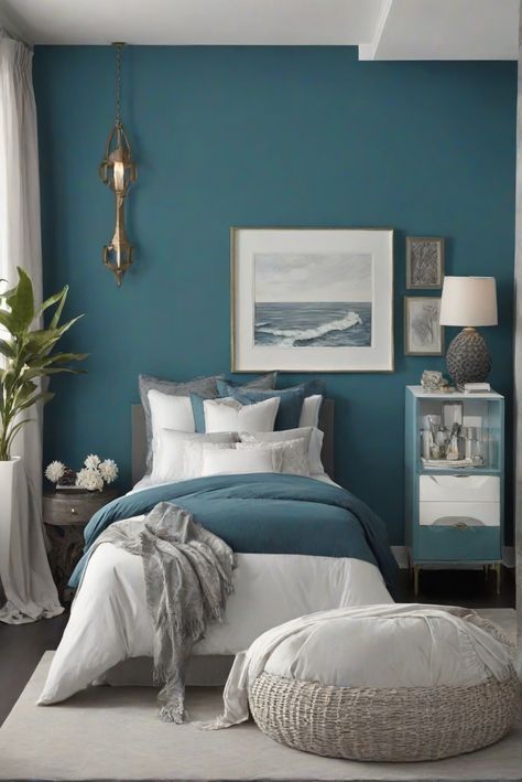 home decor interior design,interior bedroom design,living room interior,designer wall paint Ocean Blue Bedroom Walls, Trendy Bedroom Colors 2024, Ocean Blue Bedroom, Teal Accent Wall Bedroom, Turquoise Accent Wall, Ocean Inspired Bedroom, Ocean Abyss, Astronomy Prints, Turquoise Bedroom