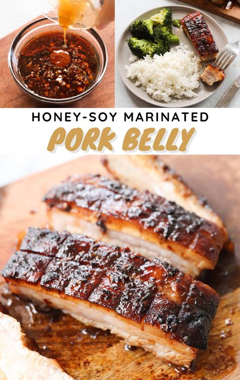 Honey Pork Belly, Marinated Pork Belly Recipes, Korean Pork Belly Marinade, Crockpot Pork Belly Recipes, Glazed Pork Belly, Pork Belly Meal Ideas, Marinated Pork Belly, Miso Pork Belly, Baked Pork Belly