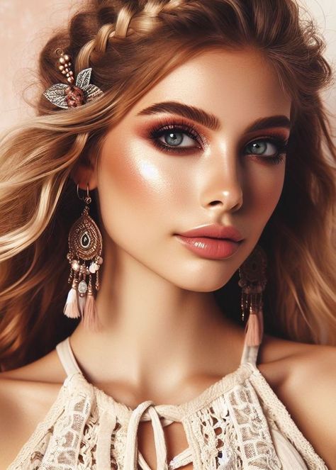 Boho Makeup Must-Haves: Ditch the Rules, Embrace Freedom - makeupguidance.com Boho Chic Makeup, Retro Makeup Looks, Peachy Eyeshadow, Wing Liner, Boho Makeup, Smudged Eyeliner, Smokey Eye Easy, Embrace Natural Beauty, Cowgirl Look