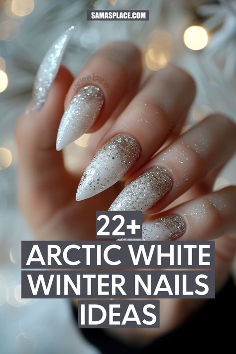 These nails feature a frosted white base with sparkling glitter tips, creating a snowy, elegant look. The pointed shape enhances the frosty feel, perfect for embracing the beauty of winter. Holiday Dipped Nails, Holiday Dip Nails Winter, Winter Sparkle Nails, Pointed Nail Designs, White Winter Nails, White Sparkle Nails, Snow White Nails, Silver Sparkle Nails, Winter Nails Art