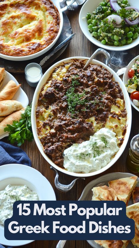 A table filled with traditional Greek dishes, including moussaka, tzatziki, and souvlaki, showcasing vibrant Mediterranean flavors.