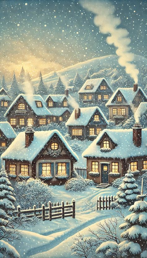 This vintage-style illustration captures a peaceful snowy village scene, with charming cottages blanketed in snow, warm lights glowing from windows, and smoke curling from chimneys. Set against a softly falling snow and muted sky, the image conveys the quiet beauty and nostalgic warmth of a classic winter landscape. The muted colors of white, blue, and golden light enhance the cozy, timeless feel of the village. Winter Town Drawing, Winter Village Illustration, Cottagecore Drawing, Winter Wallpaper Hd, Town Drawing, Cottagecore Winter, Winter Cottagecore, Snowy Village, Village Landscape