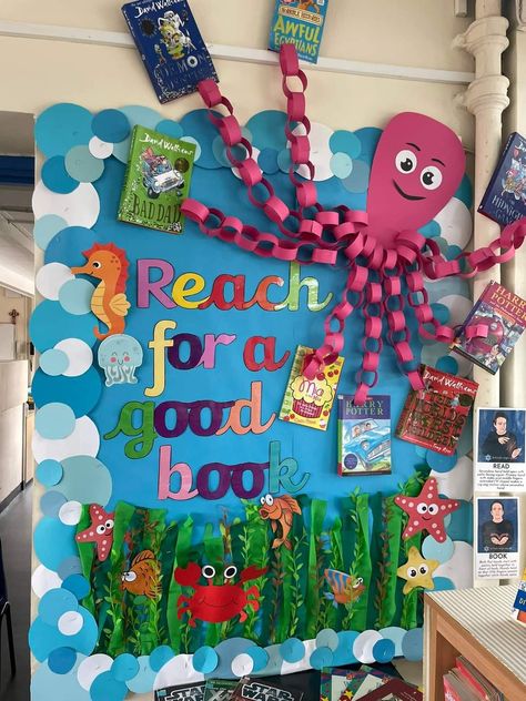 Seaweed Bulletin Board, Aquatic Bulletin Boards, Ocean Theme Reading Area, Under The Sea Daycare Room, Under The Sea Library Bulletin Board, Under The Sea Book Corner, Ocean Theme Reading Corner, Underwater Classroom Theme Under The Sea, Ocean Theme Library