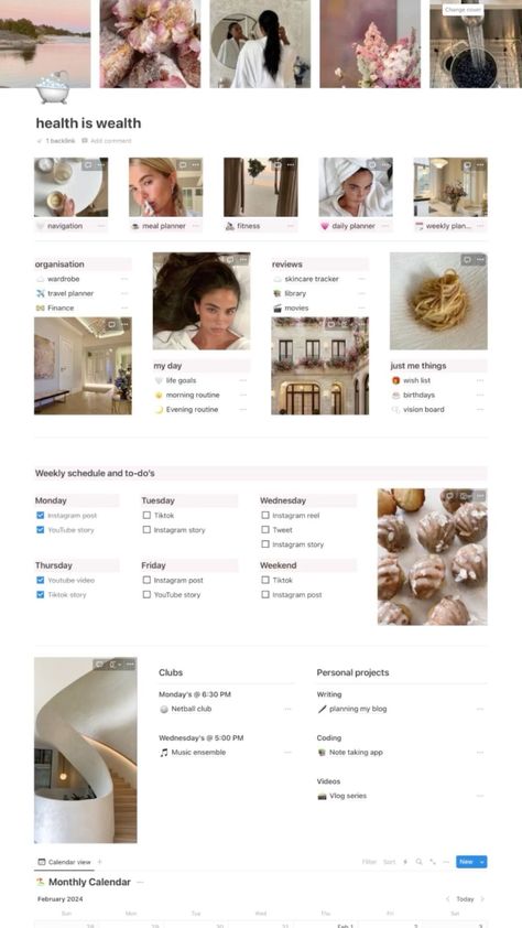 Health Is Wealth Notion Life Planner  , Aesthetic Notion Template, That Girl i in 2024 | Life planner, Skin care routine, Beauty routines Notion Workout Template, Study Planner Free, Notion Template Ideas, Aesthetic Notion Template, Best Weekly Planner, Notion Life Planner, Notion Inspo, Planner Minimal, Aesthetic Notion