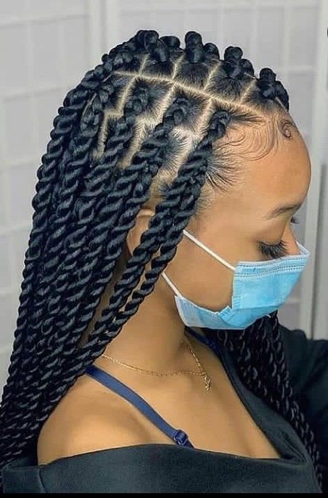 Learn how to do long twists on your own hair by visiting my channel. 😍😍 Twist With Cornrow Styles, Twists Hair Styles For Black Women, New Hair Braids Styles, Twisted Box Braids Hairstyles, Cute Twist Braids Hairstyles, Styles Of Hair Braids, Black Hair Designs For Women, Big Long Twist Braids, Twists Long Braids