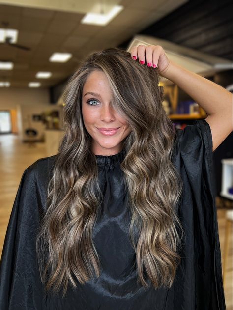 Ash Tone Hair Brown, Dark Hair Color With Highlights Ideas, Dark With Ashy Highlights, Partial Balayage For Light Brown Hair, Blonde To Dimensional Brunette, Dark Brown Eye Hair Color Ideas, Full Lowlights For Brunettes, Ashy Teasy Lights, Light Brunette Dimensional Hair