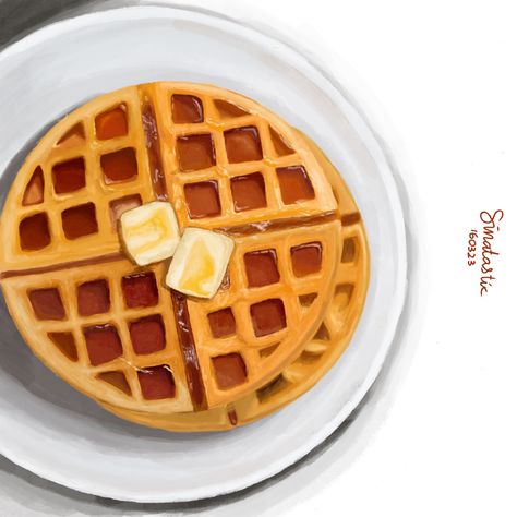 I make this illustration with procreate app, the inspiration is waffle food photography at pinterest Waffle Painting, Waffles Illustration, Waffle Illustration, Cartoon Waffle, Pancake Drawing, Drawings For Him, Pancake Art, Waffle Toppings, Waffle House