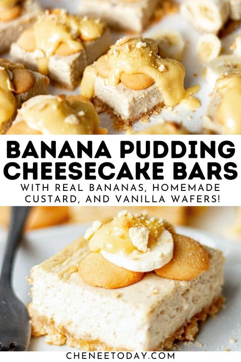 Banana pudding cheesecake bars recipe with vanilla wafer cookies but with no instant pudding! These banana pudding cheesecake squares with drizzle and cream cheeses filling are one of the best dessert recipes! #bananapudding #cheesecakebars #bananacheesecake #bananapuddingcheesecake #bananabars #bananadessert Banana Pudding Cheesecake Squares, Banana Pudding Cheesecake Bars, Vanilla Wafer Cookies, Pudding Bar, The Best Dessert Recipes, Banana Pudding Desserts, Easy Banana Pudding, No Bake Banana Pudding, Pudding Cheesecake