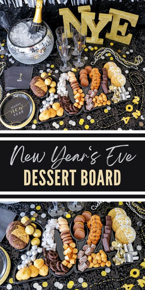 Are you hosting an NYE party or get together? Or just want a fun NYE dessert board for your family? Today I'm sharing how to make a New Years Eve dessert board (a New Years dessert charcuterie board) for your New Years Eve dessert table. This New Year's dessert charcuterie board is easy to make, but perfectly festive for your fête, with most of the decorations available from Party City. Click or visit FabEveryday.com for the details. New Year's Eve Dinner Party, New Year Gathering Ideas, New Years Party Table Decor, New Years Eve Dessert Charcuterie Board, New Year’s Eve Dessert Board, New Year Party Recipes, New Years Dessert Charcuterie Board, Charcuterie Board Nye, New Years Party Desserts