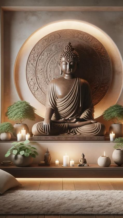 Buddha decor is more than an aesthetic choice; it’s a silent partner in your quest for peace, a visual reminder to slow down, breathe, and savor the now.  But how do we infuse our busy, modern lives with this ancient wisdom? How do we ensure that each artifact and piece of decor not only adds beauty but also deepens our sense of serenity? Buddha Living Room Decor Ideas, Buddha Alter Ideas, Buddha Meditation Wallpaper, Buddha Statue In Living Room, Buddha Decor Entryway, Ganesh Statue Home Entrance, Buddha Decor Living Room, Buddha Interior Design, Buddhist Altar Home